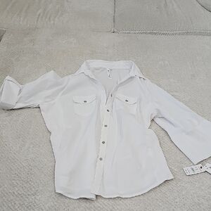 NY Collection White Button Down Shirt with Long Sleeves and Standard Collar